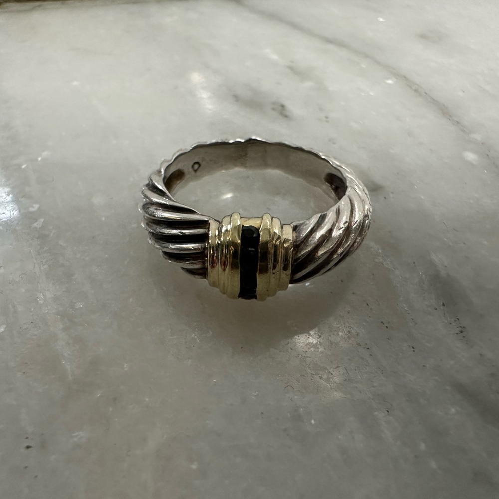 David Yurman Silver and Gold Textured Ring with Sapphire Center